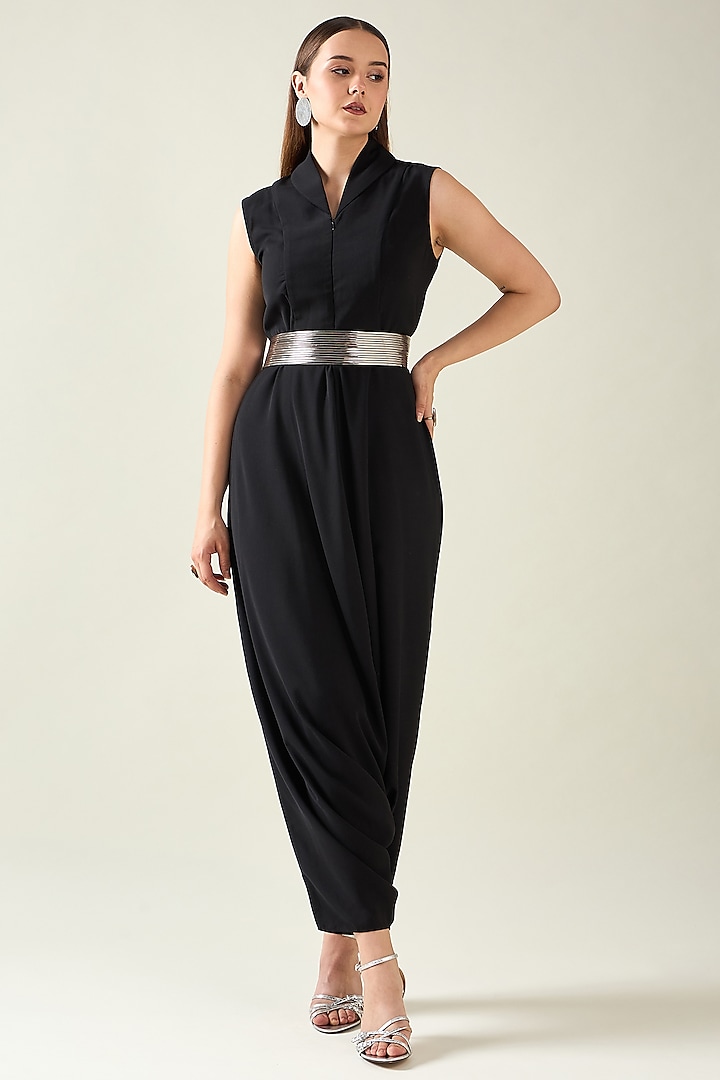 Black Moss Crepe Jumpsuit With Belt by Aakaar at Pernia's Pop Up Shop