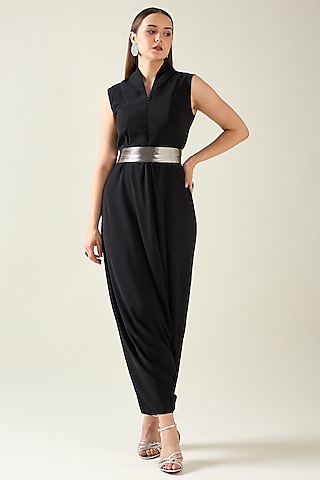 Black Moss Crepe Jumpsuit With Belt by Aakaar