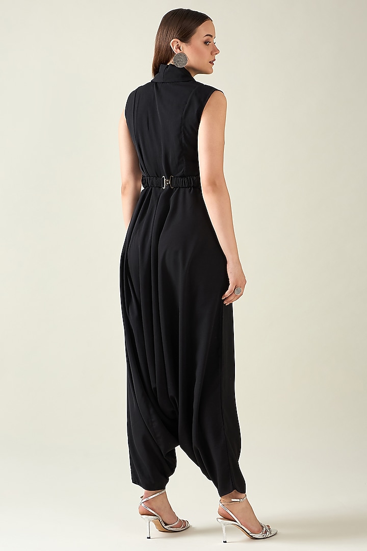 Black Moss Crepe Jumpsuit With Belt by Aakaar at Pernia's Pop Up Shop