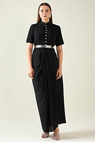 Black Moss Crepe Draped Dress With Belt by Aakaar