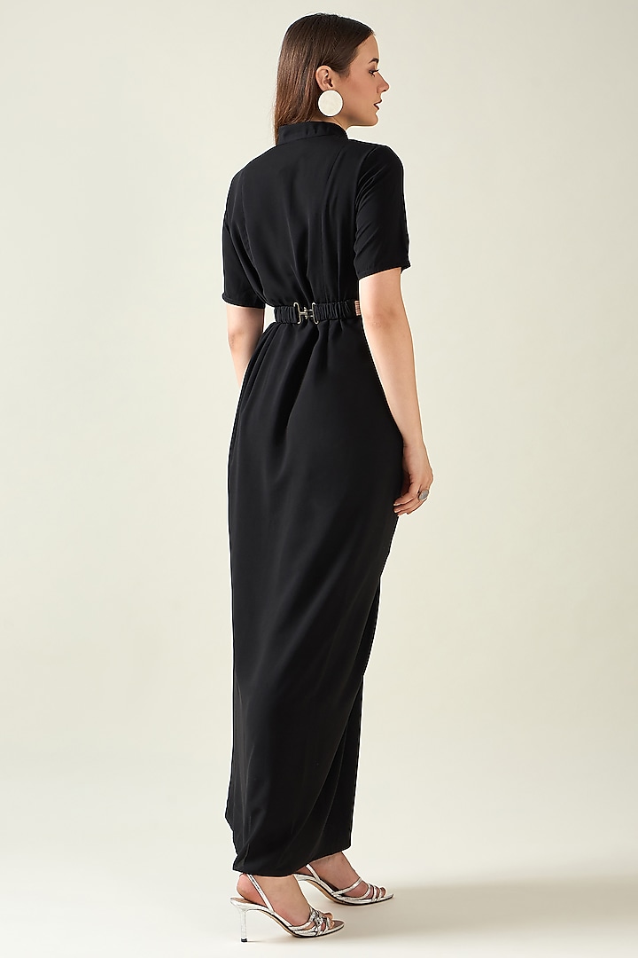 Black Moss Crepe Draped Dress With Belt by Aakaar at Pernia's Pop Up Shop