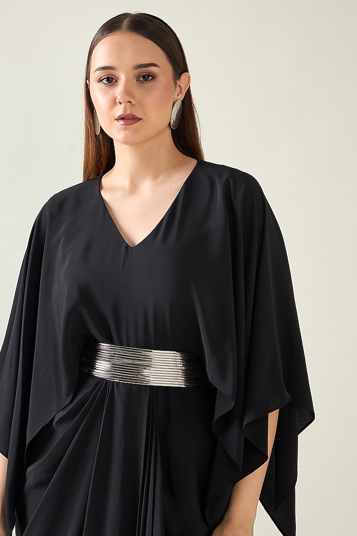 Black Moss Crepe Coral Summer Dress With Belt by Aakaar at Pernia's Pop Up Shop