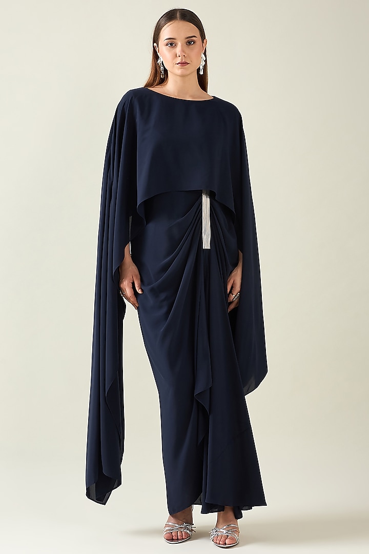 Navy Blue Moss Crepe Draped Dress by Aakaar at Pernia's Pop Up Shop