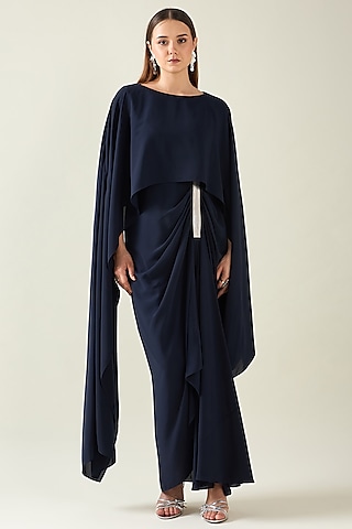 Navy Blue Moss Crepe Draped Dress by Aakaar
