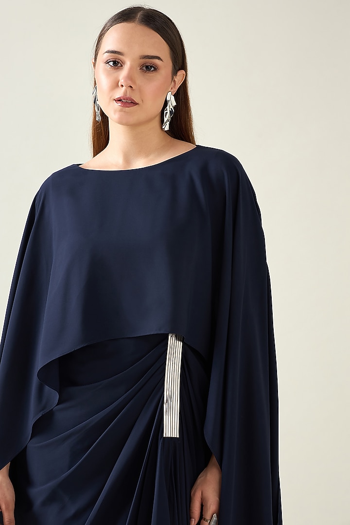 Navy Blue Moss Crepe Draped Summer Dress by Aakaar at Pernia's Pop Up Shop