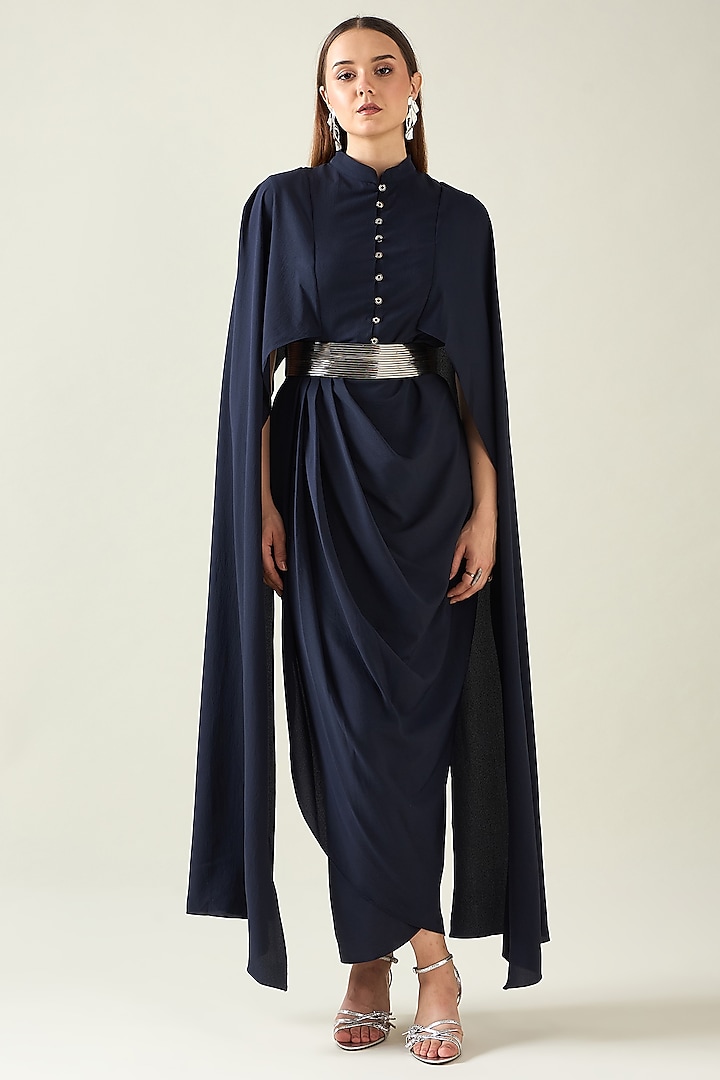 Navy Blue Moss Crepe Draped Dress With Belt by Aakaar at Pernia's Pop Up Shop