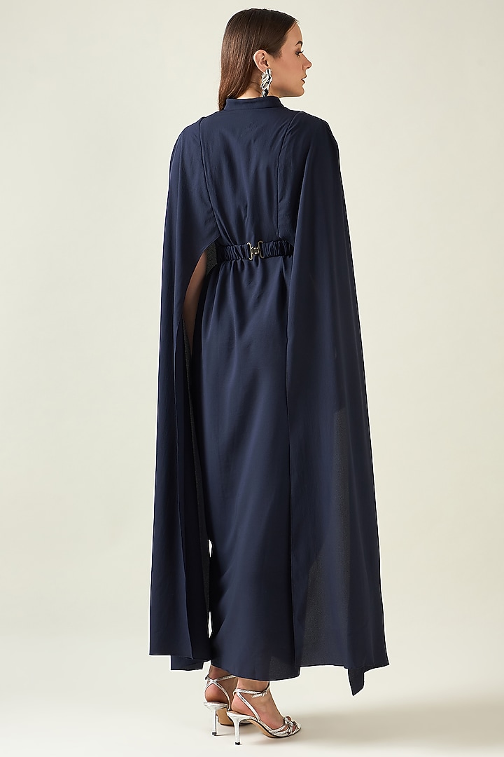 Navy Blue Moss Crepe Draped Summer Dress With Belt by Aakaar at Pernia's Pop Up Shop
