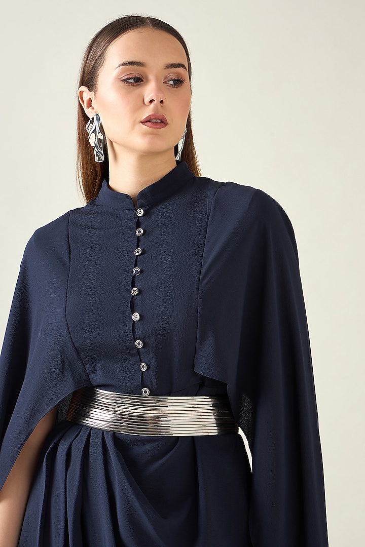 Navy Blue Moss Crepe Draped Summer Dress With Belt by Aakaar at Pernia's Pop Up Shop