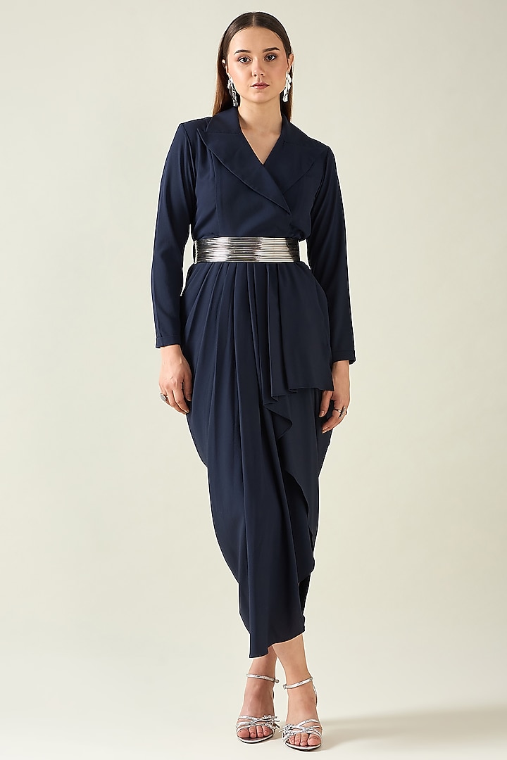 Navy Blue Moss Crepe Dress With Belt by Aakaar at Pernia's Pop Up Shop