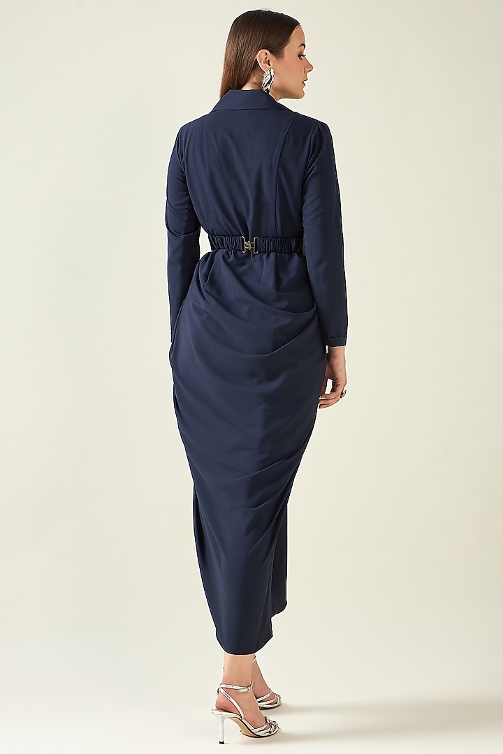 Navy Blue Moss Crepe Summer Dress With Belt by Aakaar at Pernia's Pop Up Shop