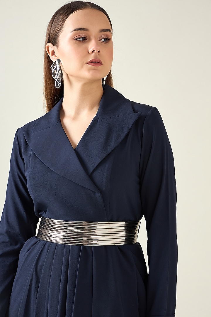 Navy Blue Moss Crepe Summer Dress With Belt by Aakaar at Pernia's Pop Up Shop