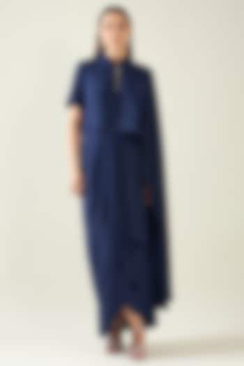 Navy Blue Moss Crepe Draped Dress by Aakaar at Pernia's Pop Up Shop