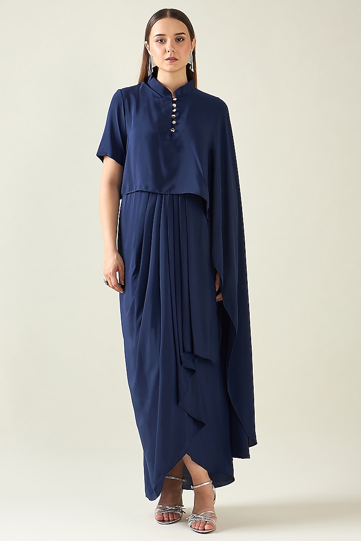 Navy Blue Moss Crepe Draped Dress by Aakaar at Pernia's Pop Up Shop