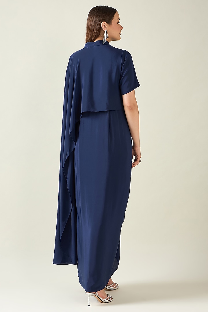Navy Blue Moss Crepe Draped Summer Dress by Aakaar at Pernia's Pop Up Shop