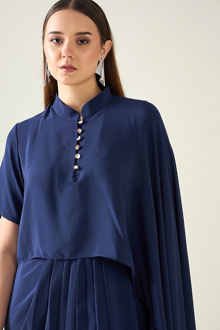 Navy Blue Moss Crepe Draped Summer Dress by Aakaar at Pernia's Pop Up Shop