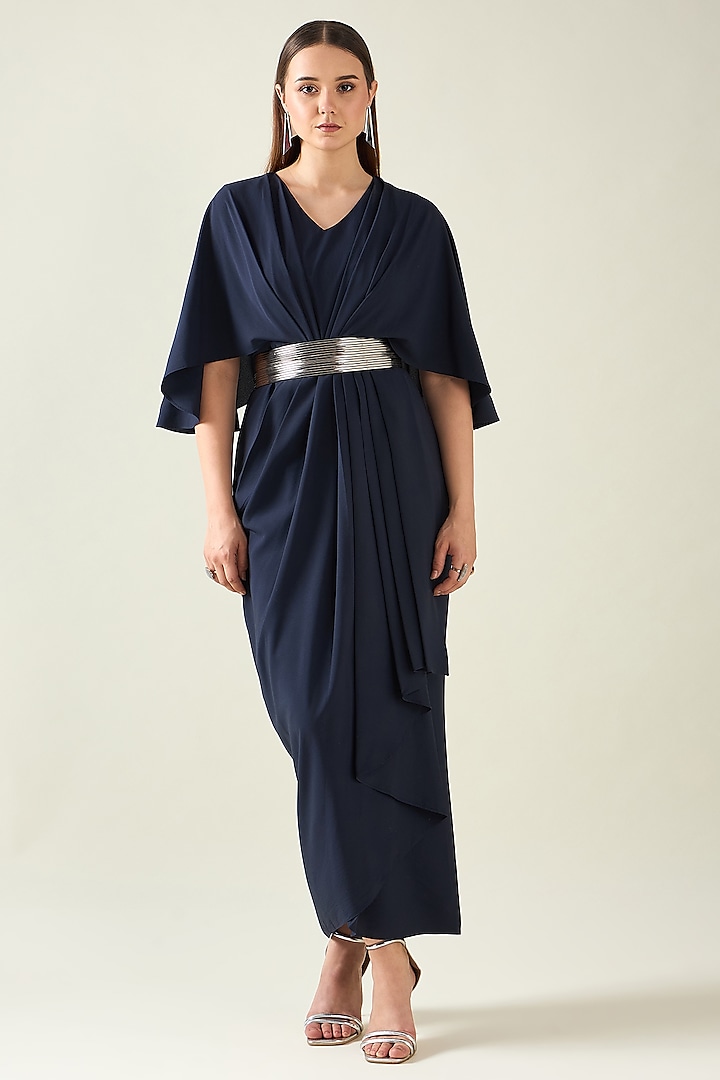 Midnight Navy Moss Crepe Dress With Belt by Aakaar at Pernia's Pop Up Shop