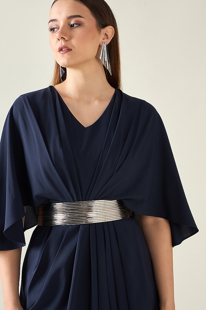 Midnight Navy Moss Crepe Summer Dress With Belt by Aakaar at Pernia's Pop Up Shop