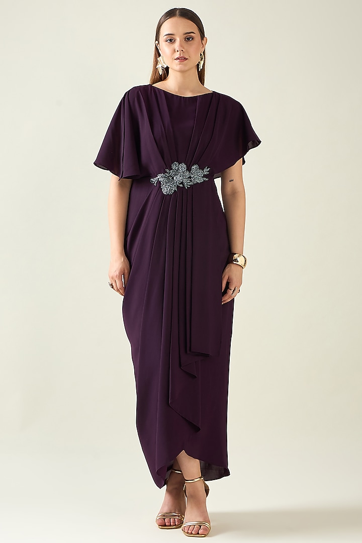 Purple Moss Crepe Crystal Draped Dress by Aakaar at Pernia's Pop Up Shop