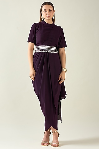Purple Moss Crepe Draped Dress With Embellished Belt by Aakaar