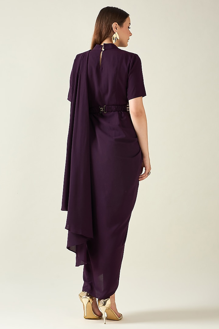 Purple Moss Crepe Draped Summer Dress With Embellished Belt by Aakaar at Pernia's Pop Up Shop