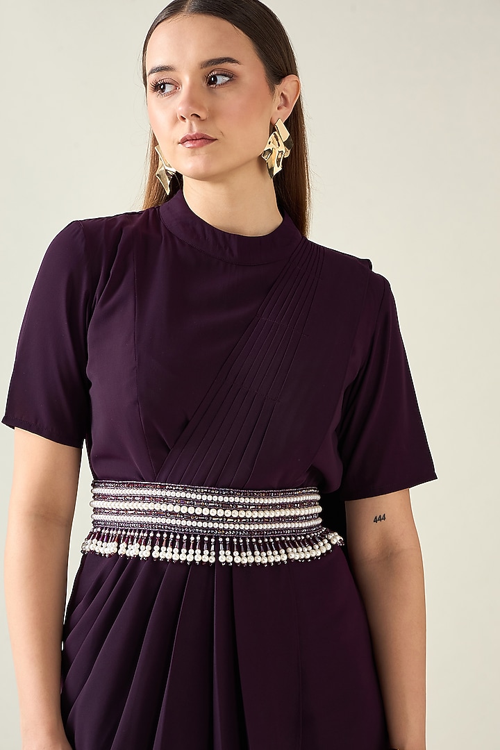 Purple Moss Crepe Draped Summer Dress With Embellished Belt by Aakaar at Pernia's Pop Up Shop