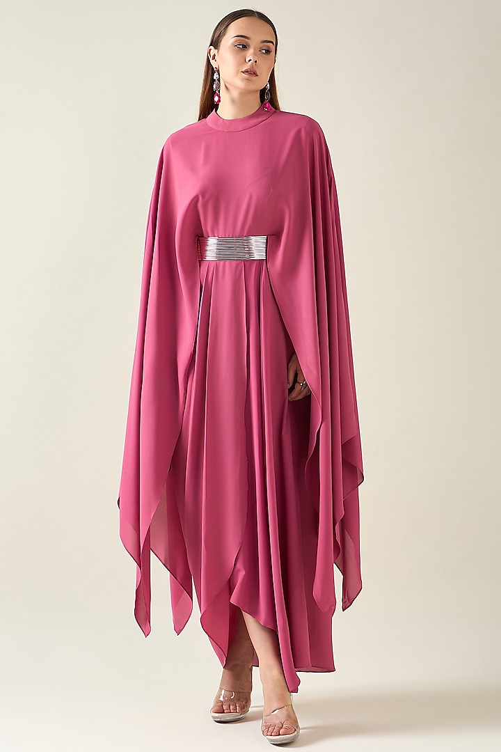 Pink Moss Crepe Dress With Belt by Aakaar at Pernia's Pop Up Shop