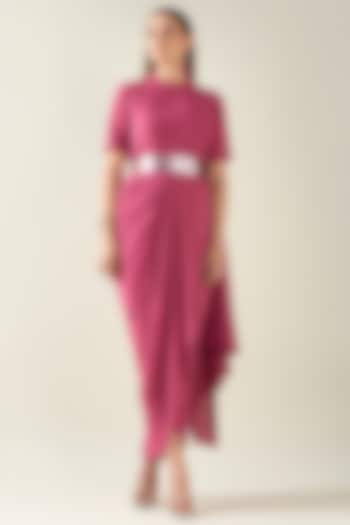 Pink Moss Crepe Draped Dress With Belt by Aakaar at Pernia's Pop Up Shop