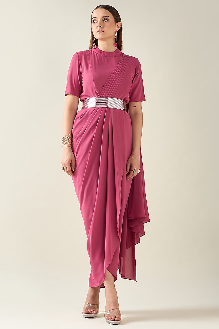 Pink Moss Crepe Draped Dress With Belt by Aakaar at Pernia's Pop Up Shop