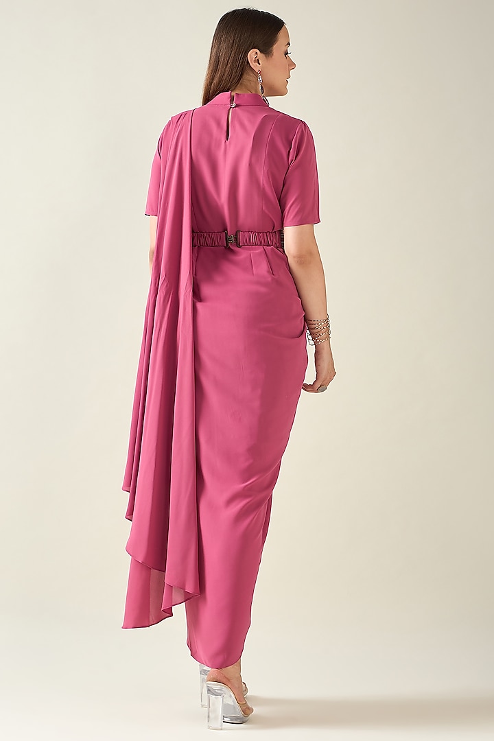 Pink Moss Crepe Draped Summer Dress With Belt by Aakaar at Pernia's Pop Up Shop