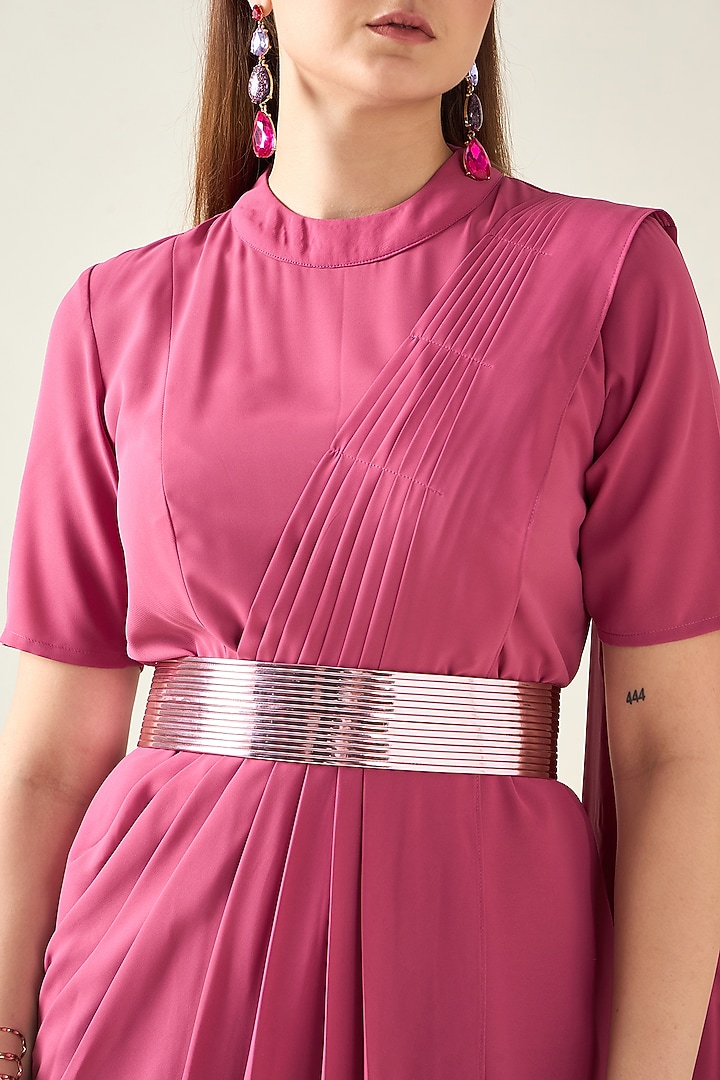 Pink Moss Crepe Draped Summer Dress With Belt by Aakaar at Pernia's Pop Up Shop