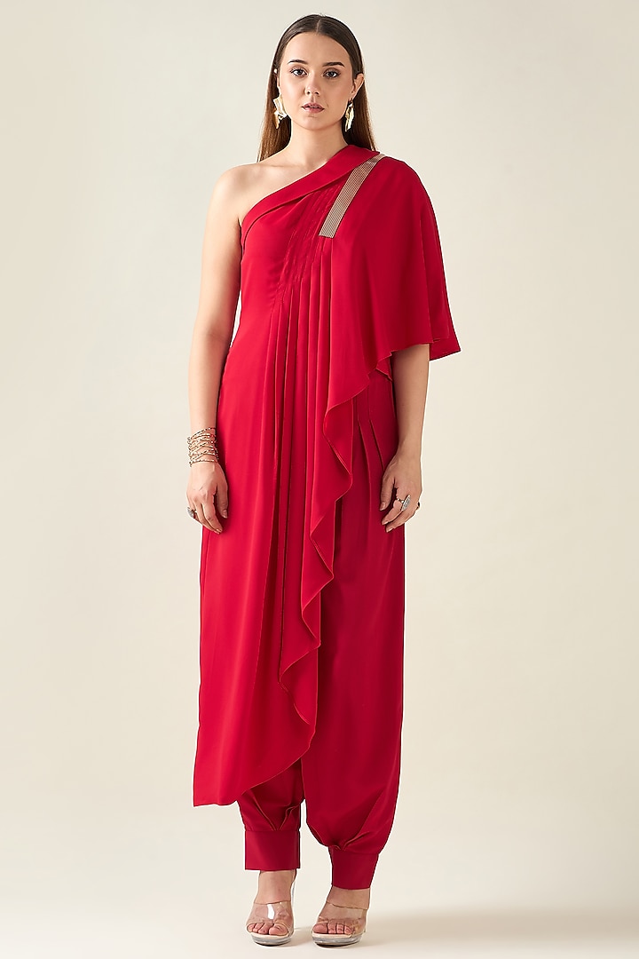 Red Moss Crepe Draped Tunic Set by Aakaar at Pernia's Pop Up Shop