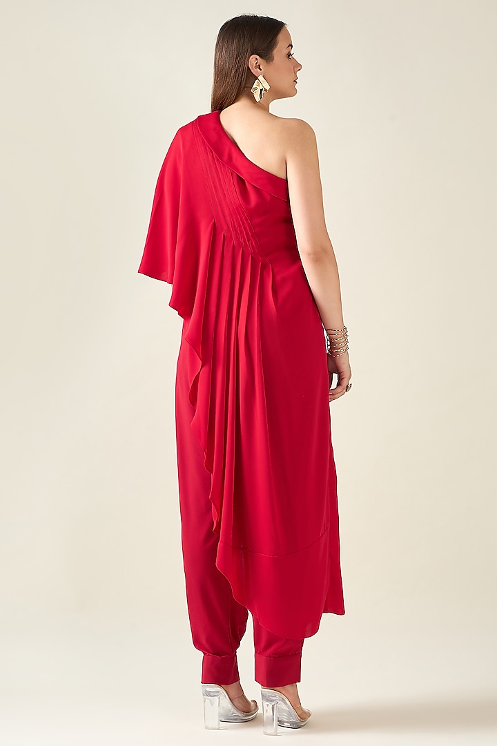 Red Moss Crepe Draped Tunic Set by Aakaar at Pernia's Pop Up Shop