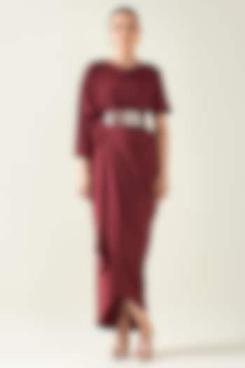 Wine Moss Crepe Draped Dress With Belt by Aakaar at Pernia's Pop Up Shop