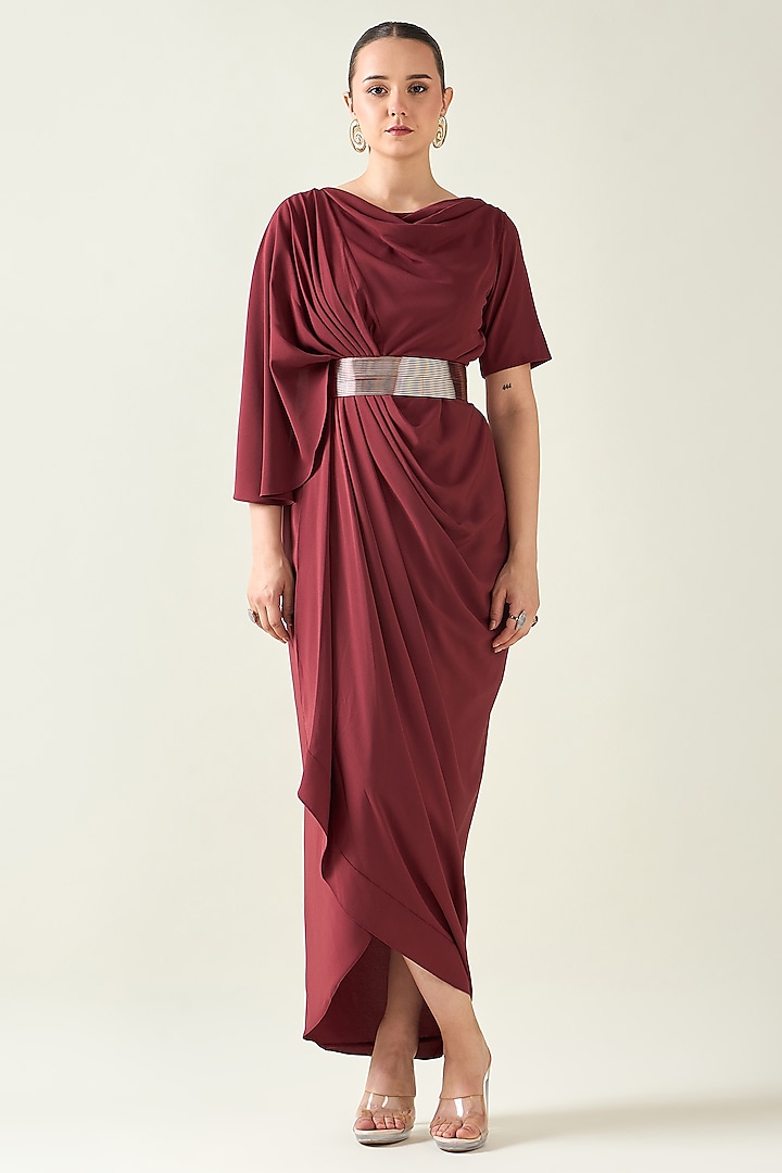 Wine Moss Crepe Draped Dress With Belt by Aakaar at Pernia's Pop Up Shop