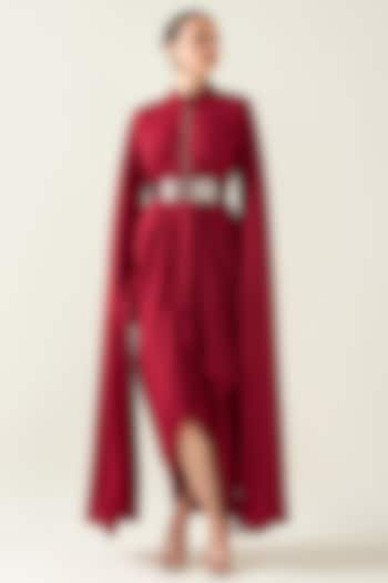 Red Moss Crepe Draped Dress With Belt by Aakaar at Pernia's Pop Up Shop