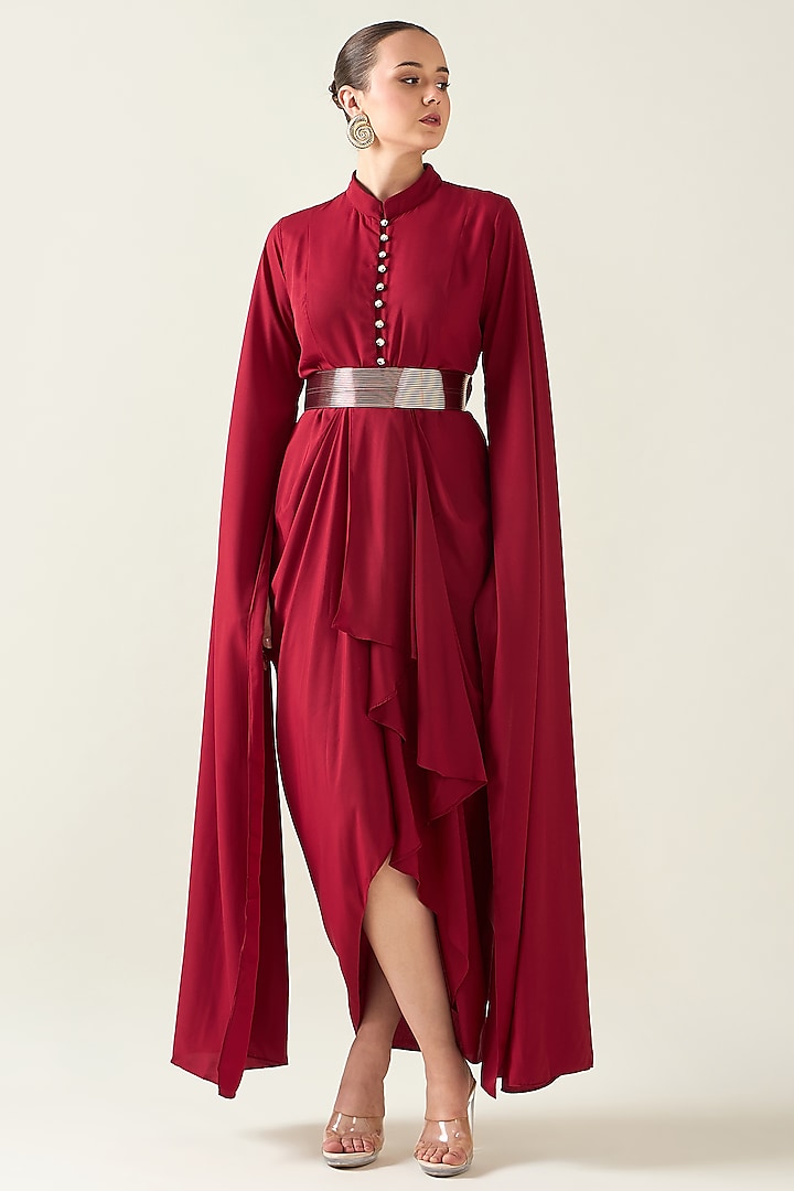 Red Moss Crepe Draped Dress With Belt by Aakaar at Pernia's Pop Up Shop