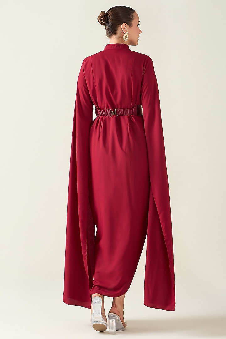 Red Moss Crepe Draped Summer Dress With Belt by Aakaar at Pernia's Pop Up Shop