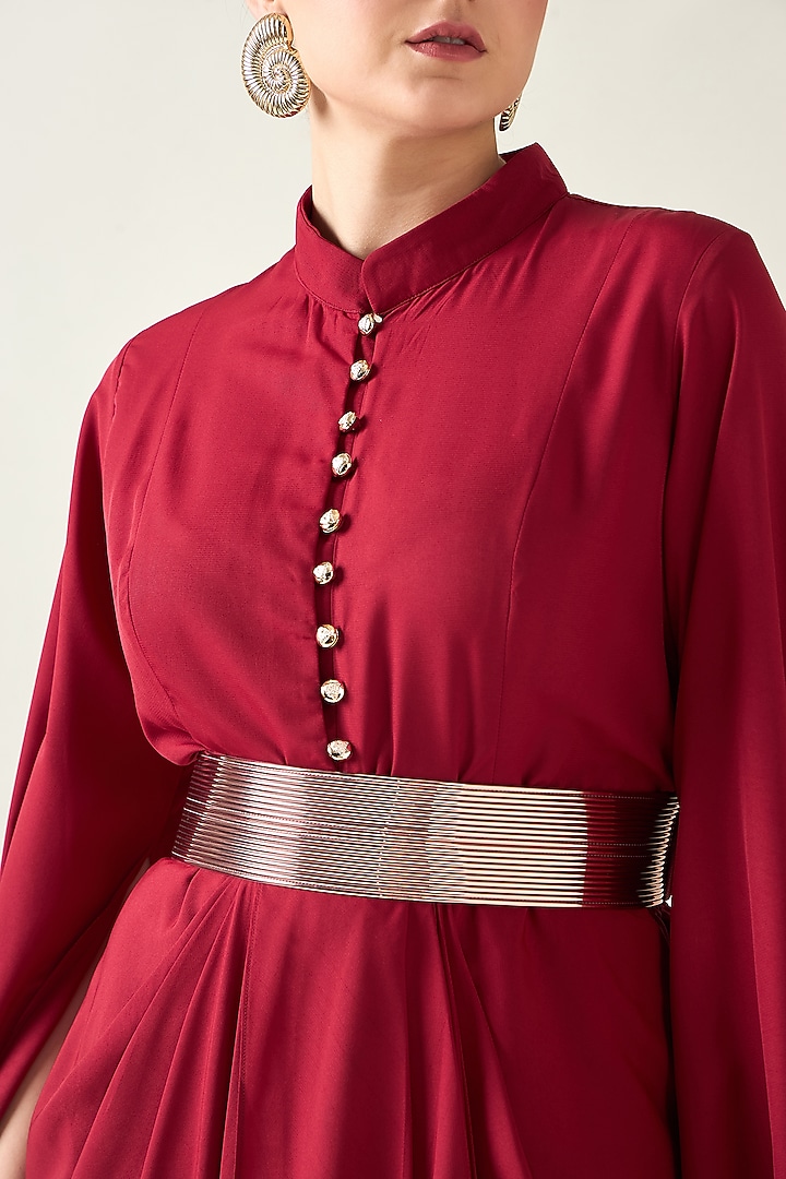 Red Moss Crepe Draped Summer Dress With Belt by Aakaar at Pernia's Pop Up Shop