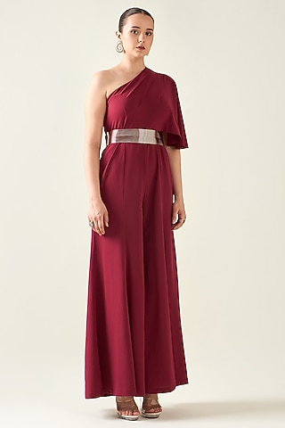 Wine Moss Crepe Jumpsuit With Belt by Aakaar