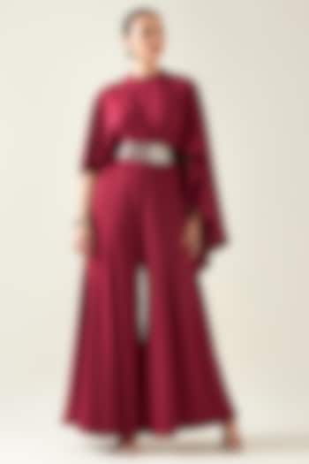 Wine Moss Crepe Jumpsuit With Belt by Aakaar at Pernia's Pop Up Shop