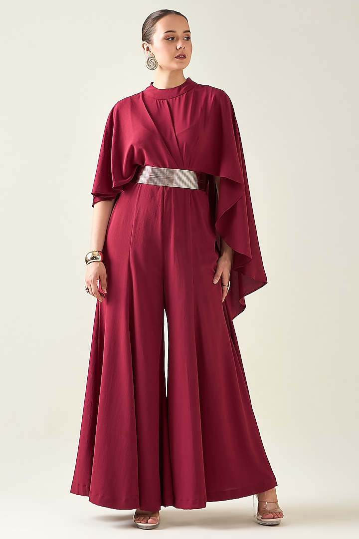 Wine Moss Crepe Jumpsuit With Belt by Aakaar at Pernia's Pop Up Shop