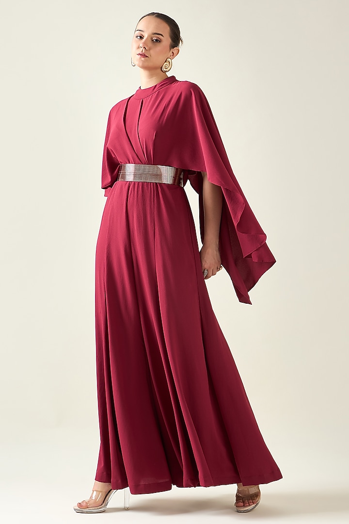 Wine Moss Crepe Jumpsuit With Belt by Aakaar at Pernia's Pop Up Shop