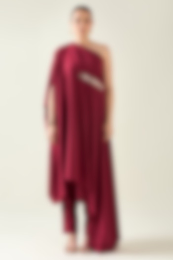 Wine Moss Crepe Metallic Applique Embroidered Draped Tunic Set by Aakaar at Pernia's Pop Up Shop