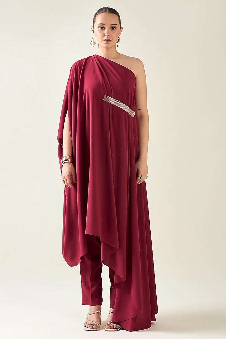 Wine Moss Crepe Metallic Applique Embroidered Draped Tunic Set by Aakaar at Pernia's Pop Up Shop