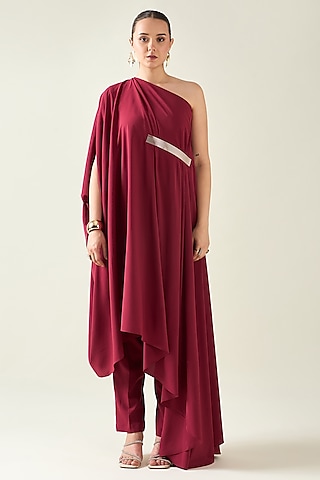 Wine Moss Crepe Metallic Applique Embroidered Draped Tunic Set by Aakaar