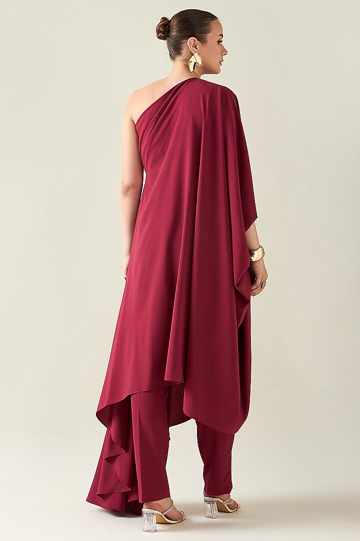 Wine Moss Crepe Metallic Applique Embroidered Draped Tunic Set by Aakaar at Pernia's Pop Up Shop