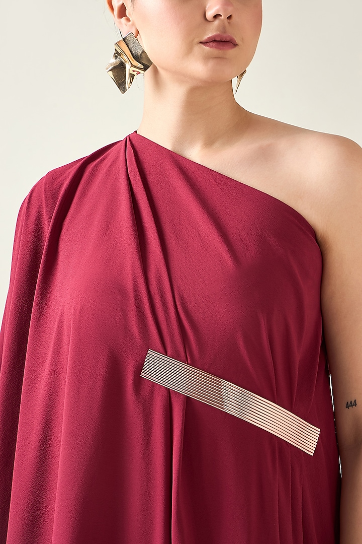 Wine Moss Crepe Metallic Applique Embroidered Draped Tunic Set by Aakaar at Pernia's Pop Up Shop