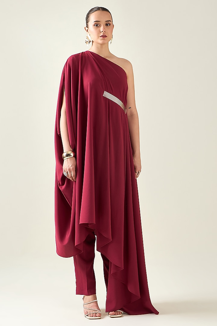 Wine Moss Crepe Metallic Applique Embroidered Draped Tunic Set by Aakaar at Pernia's Pop Up Shop
