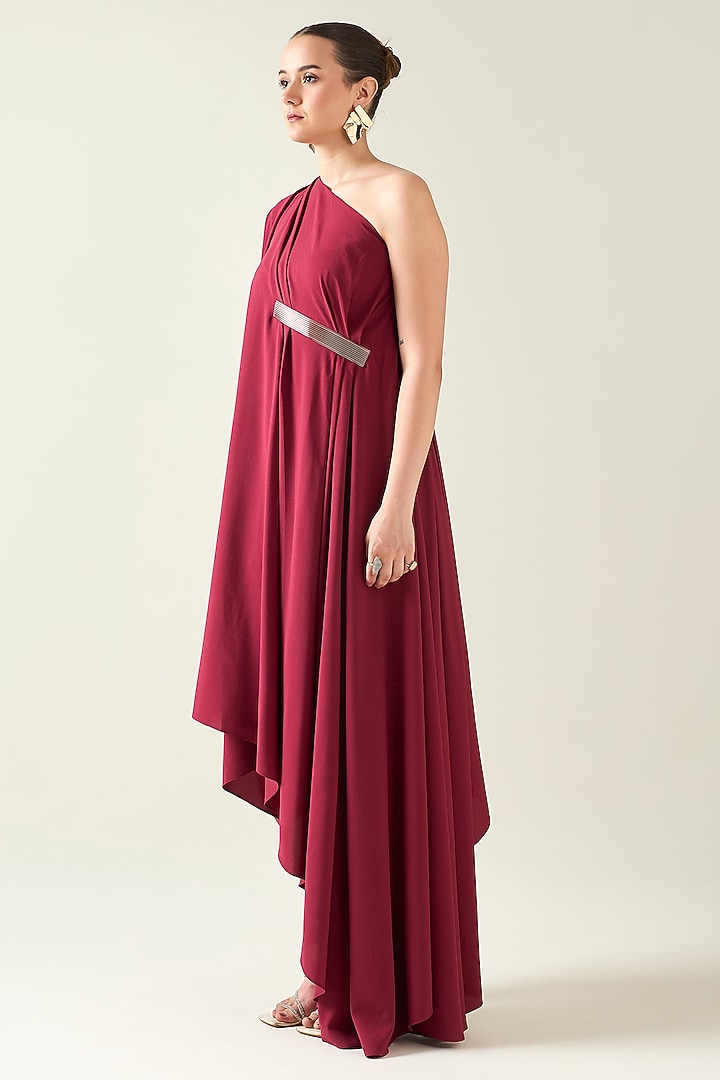 Wine Moss Crepe Metallic Applique Embroidered Draped Tunic Set by Aakaar at Pernia's Pop Up Shop