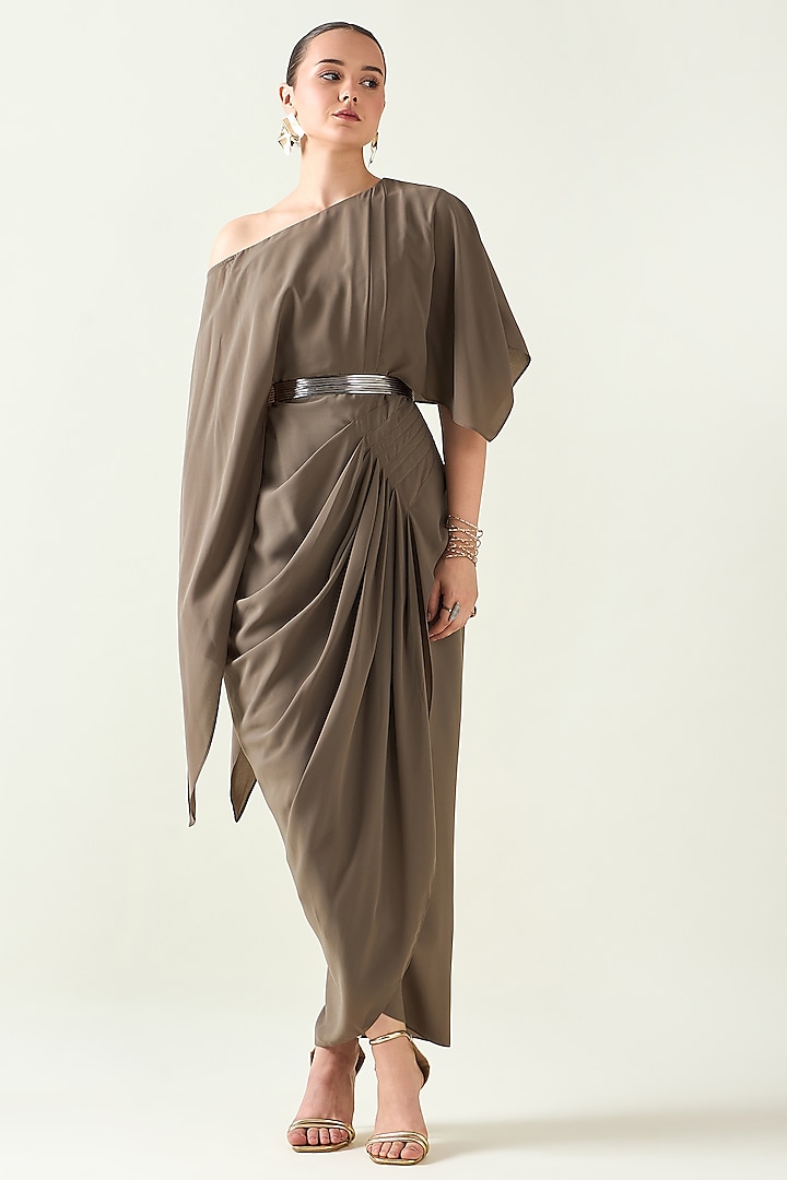 Olive Moss Crepe One-Shoulder Draped Dress With Belt by Aakaar at Pernia's Pop Up Shop